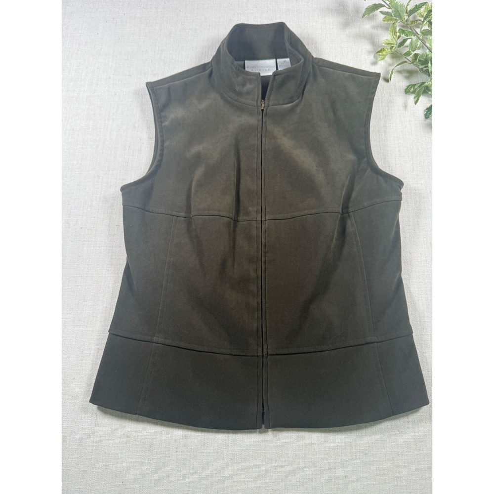 Worthington Stretch Olive Green Faux Suede Zipper Front Vest Petite 4P Lined